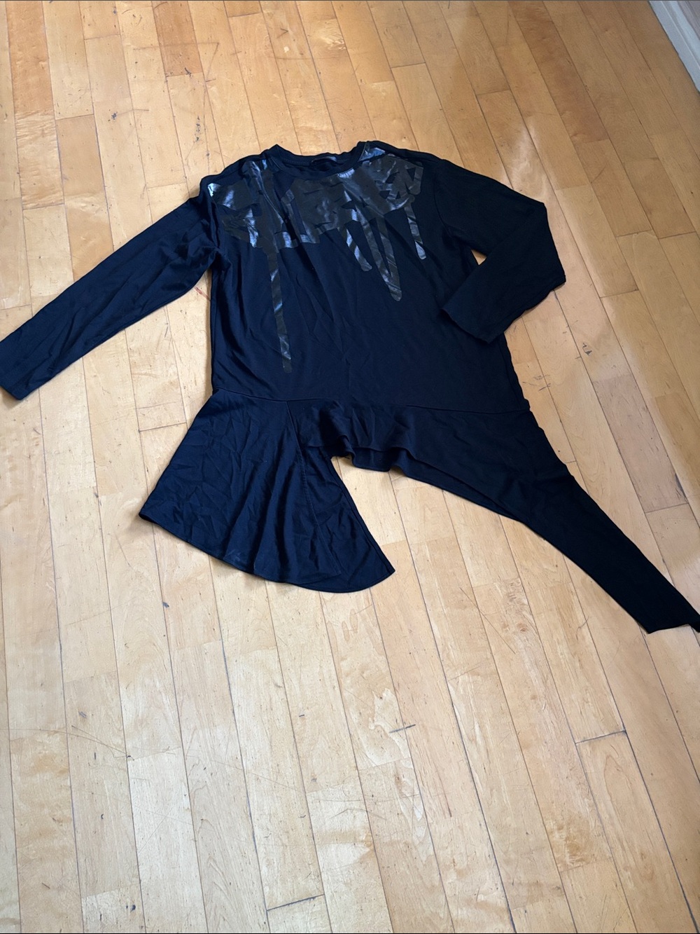 Black Long-Sleeve Asymmetric Top with Gloss Accent